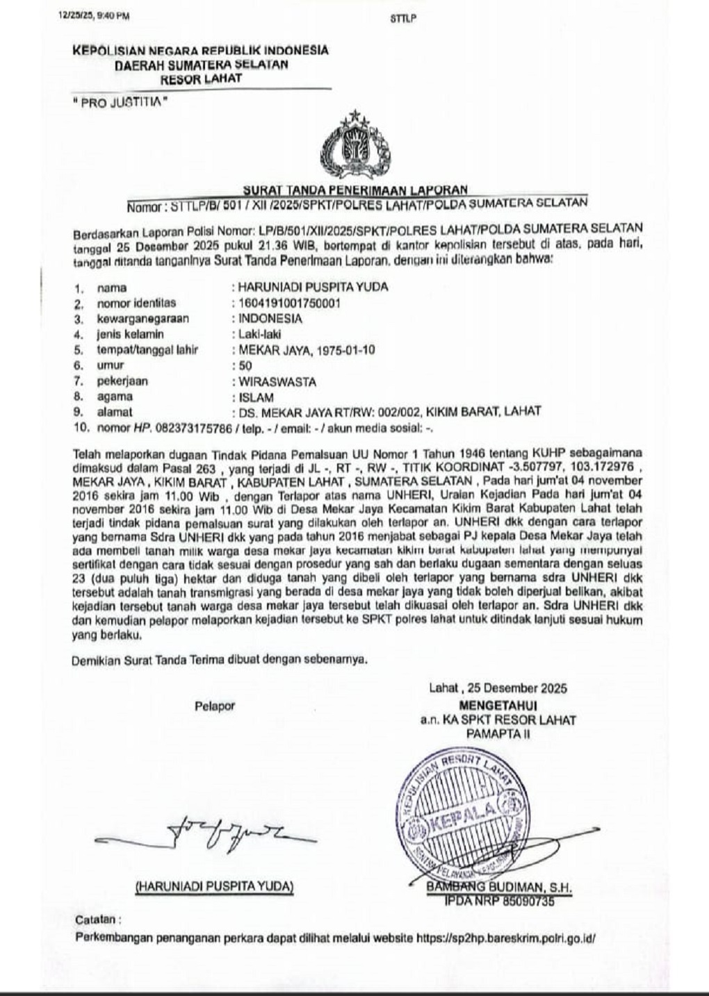 Dugaan Pemalsuan Surat Lahan Transmigrasi 23 Ha di Lahat